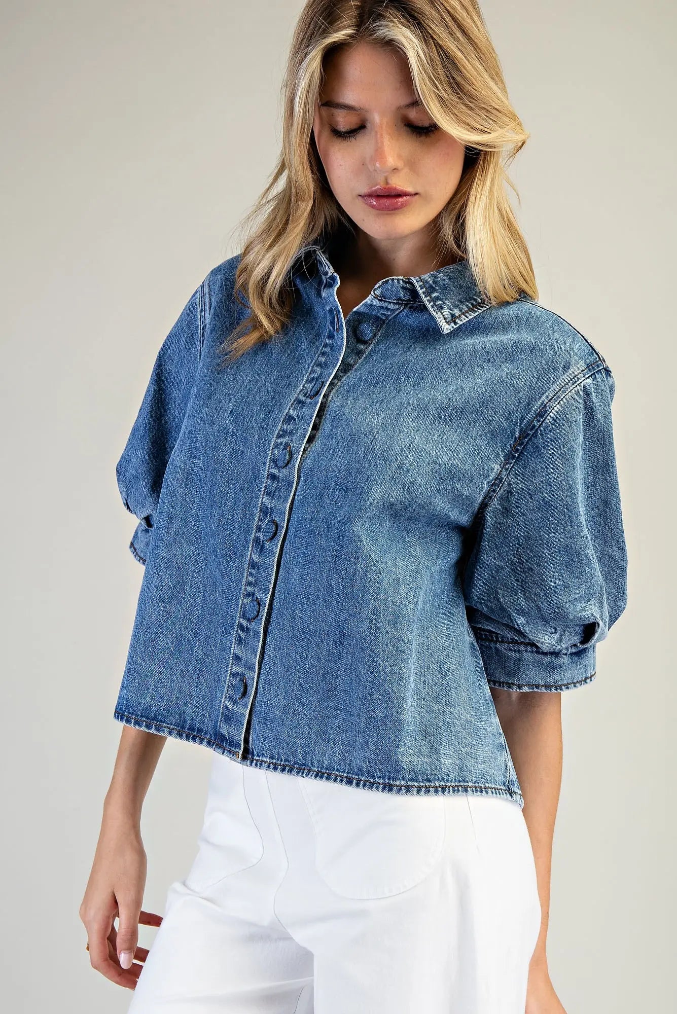Denim Button Down Puff Sleeve Top