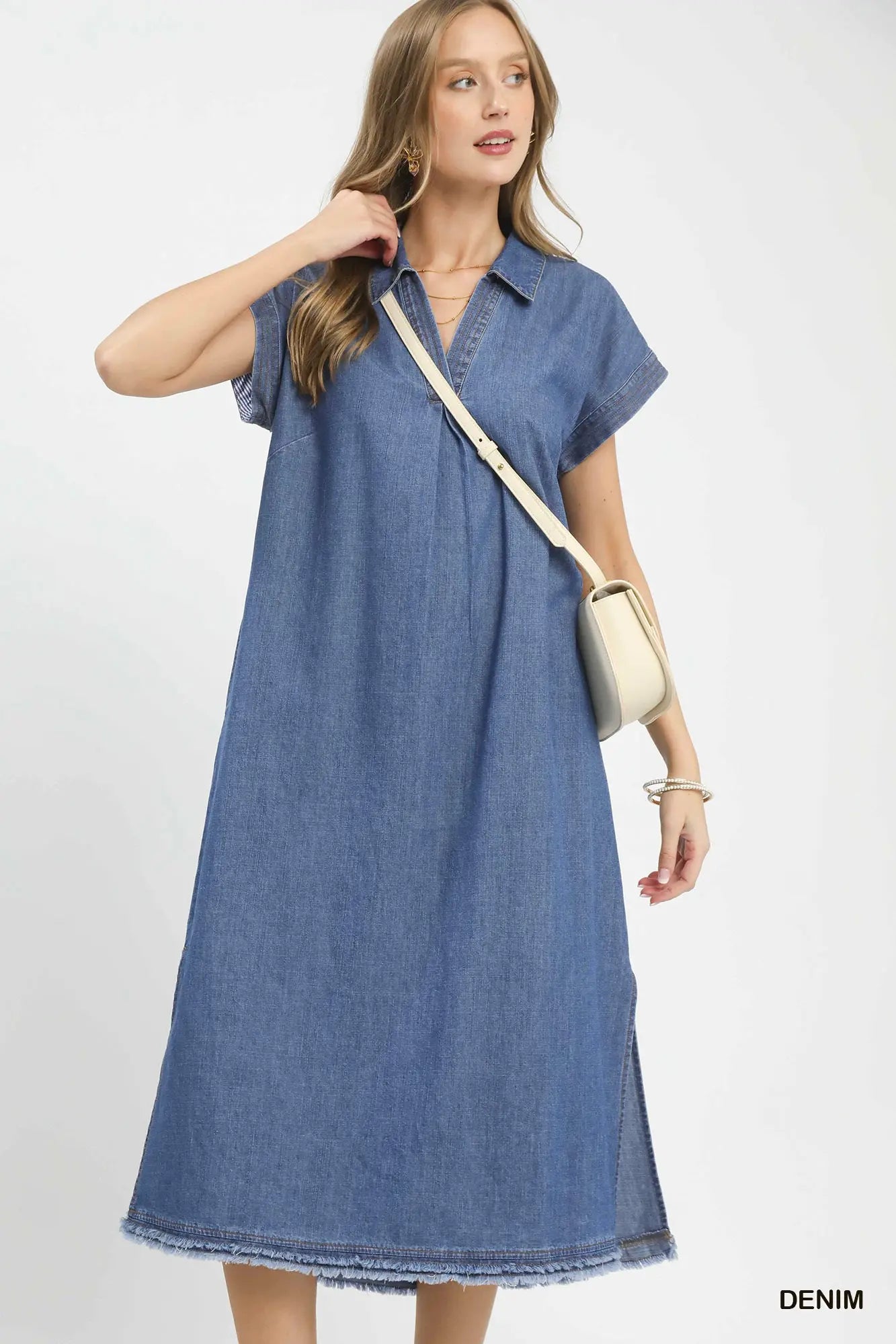 Collared Denim Midi Dress | Stone-Washed
