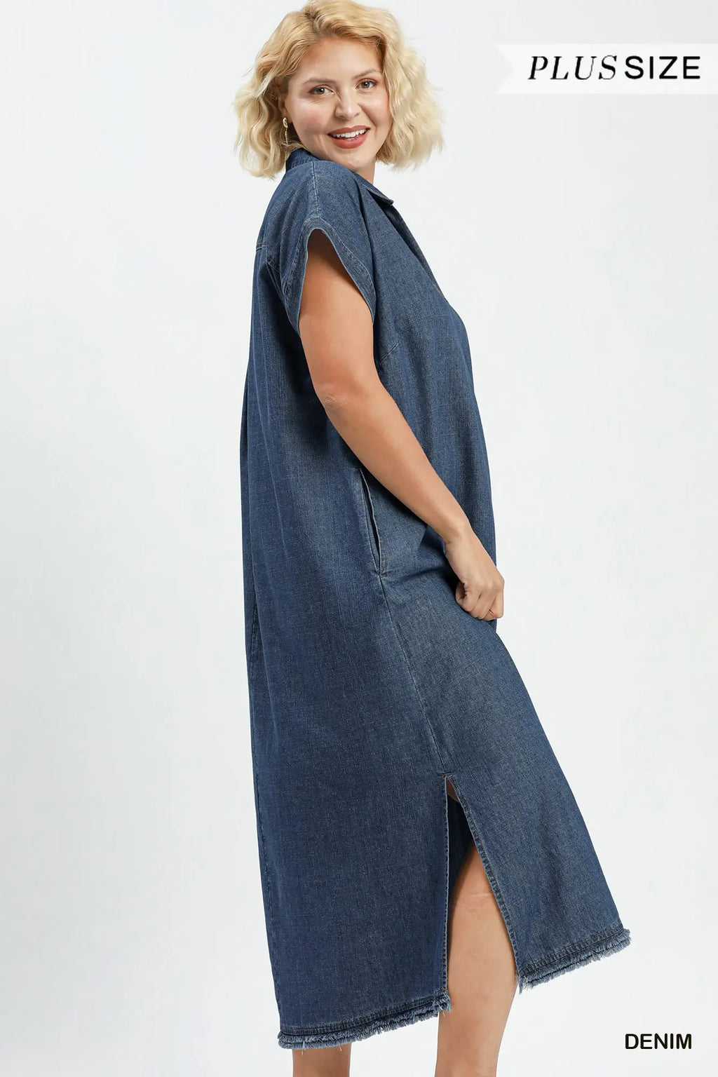 Woman wearing a denim dress on a white background with 'Plus Size' text.