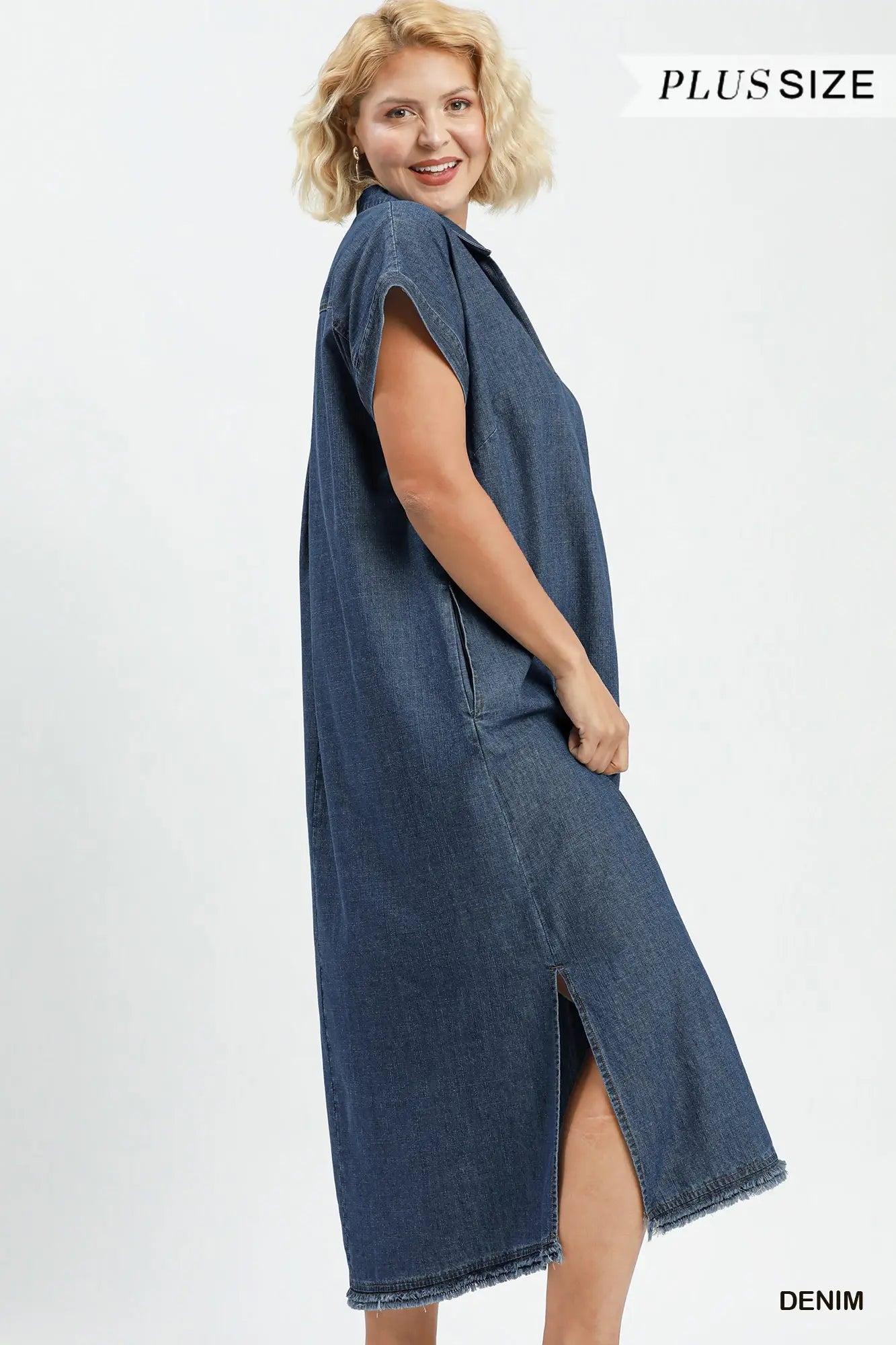 Woman wearing a denim dress on a white background with 'Plus Size' text.