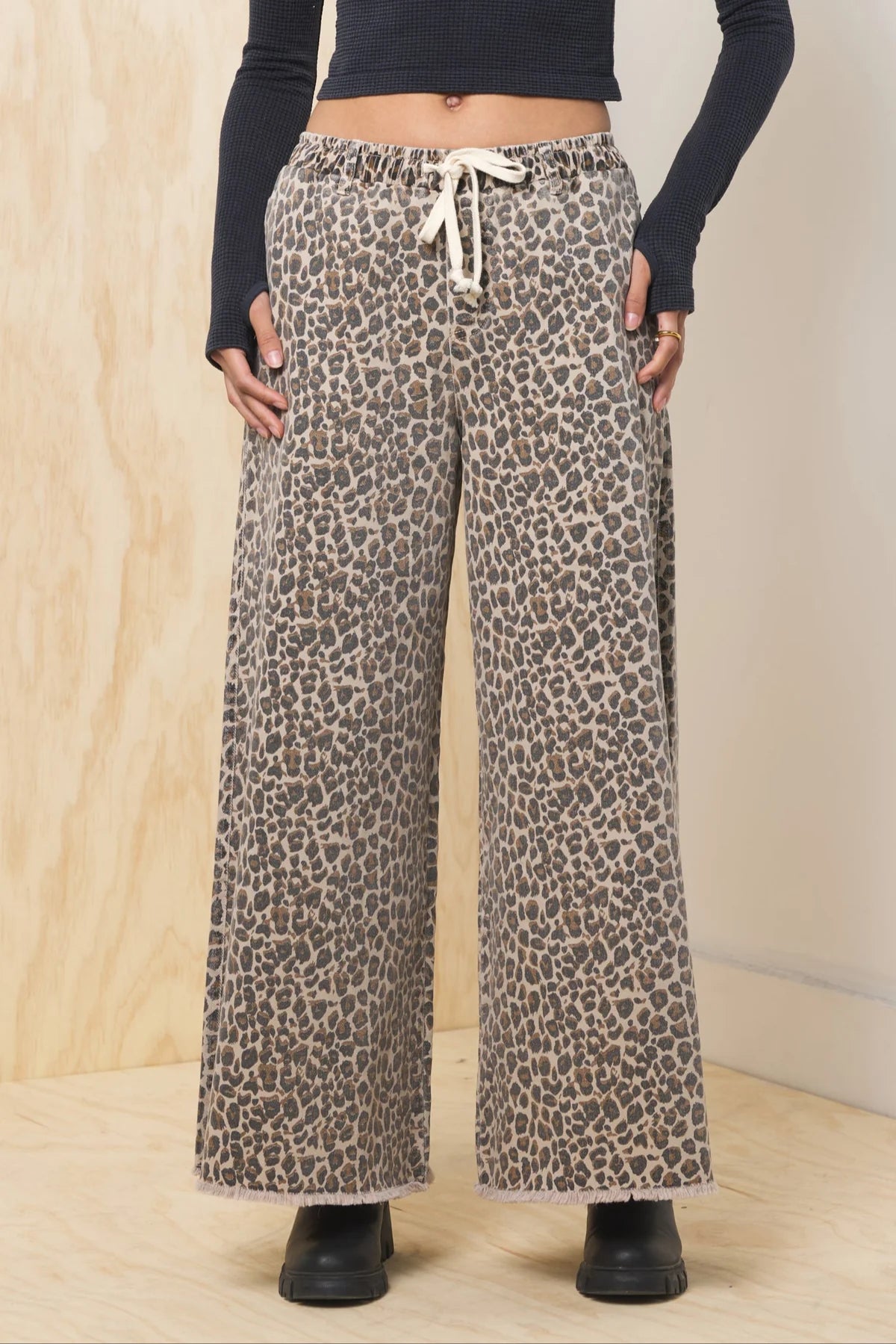 Denim Wide Leg Pants - Leopard