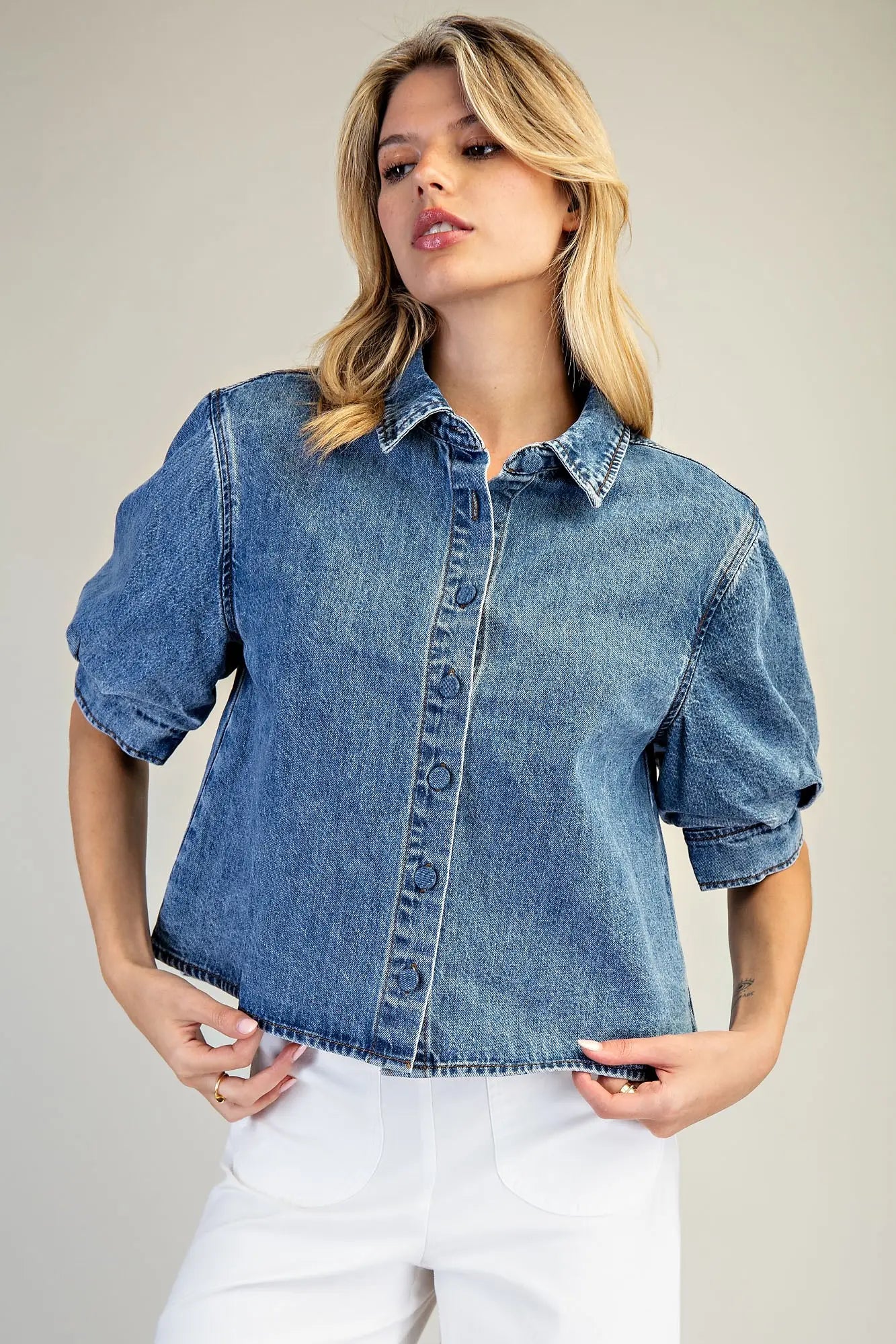 Denim Button Down Puff Sleeve Top