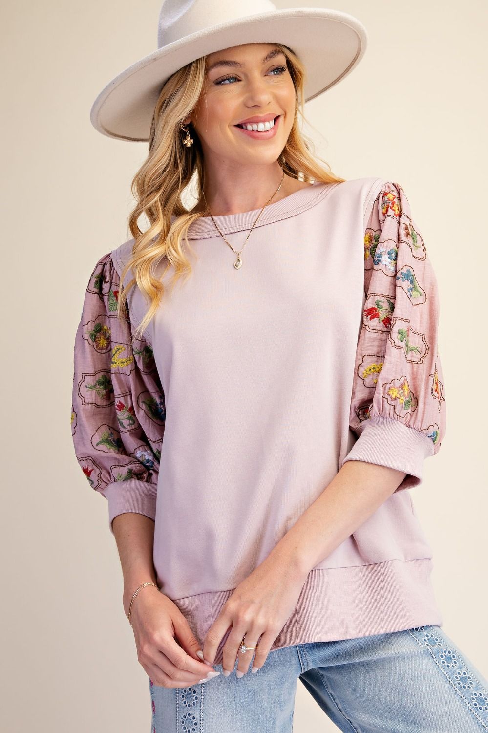 Emb Sleeve Dusty Rose Top