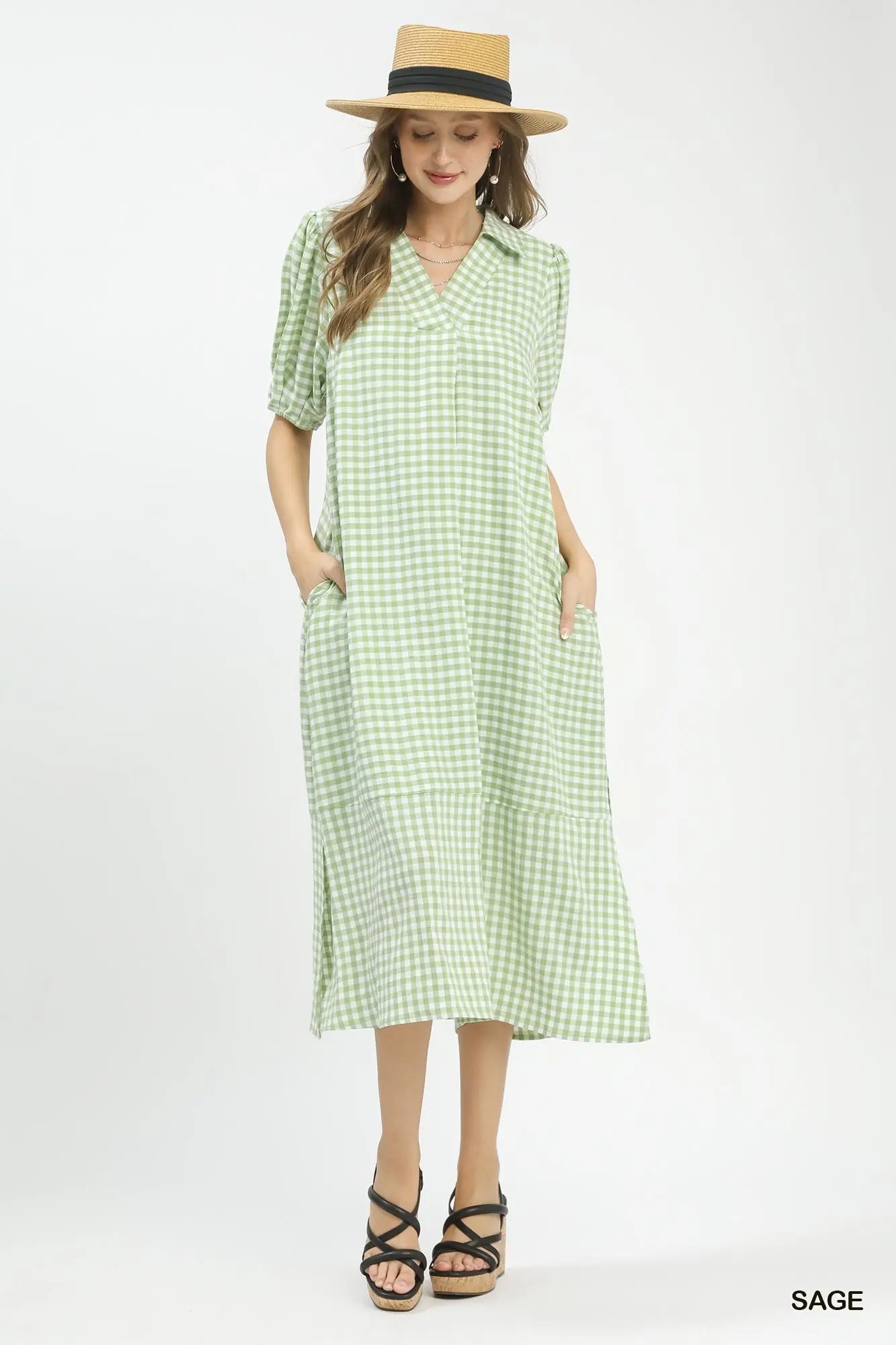 Sage Gingham Midi Dress | Tiered Ruffle, Pockets