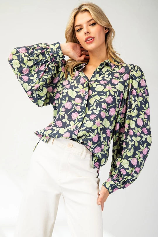 Navy Floral Button Down