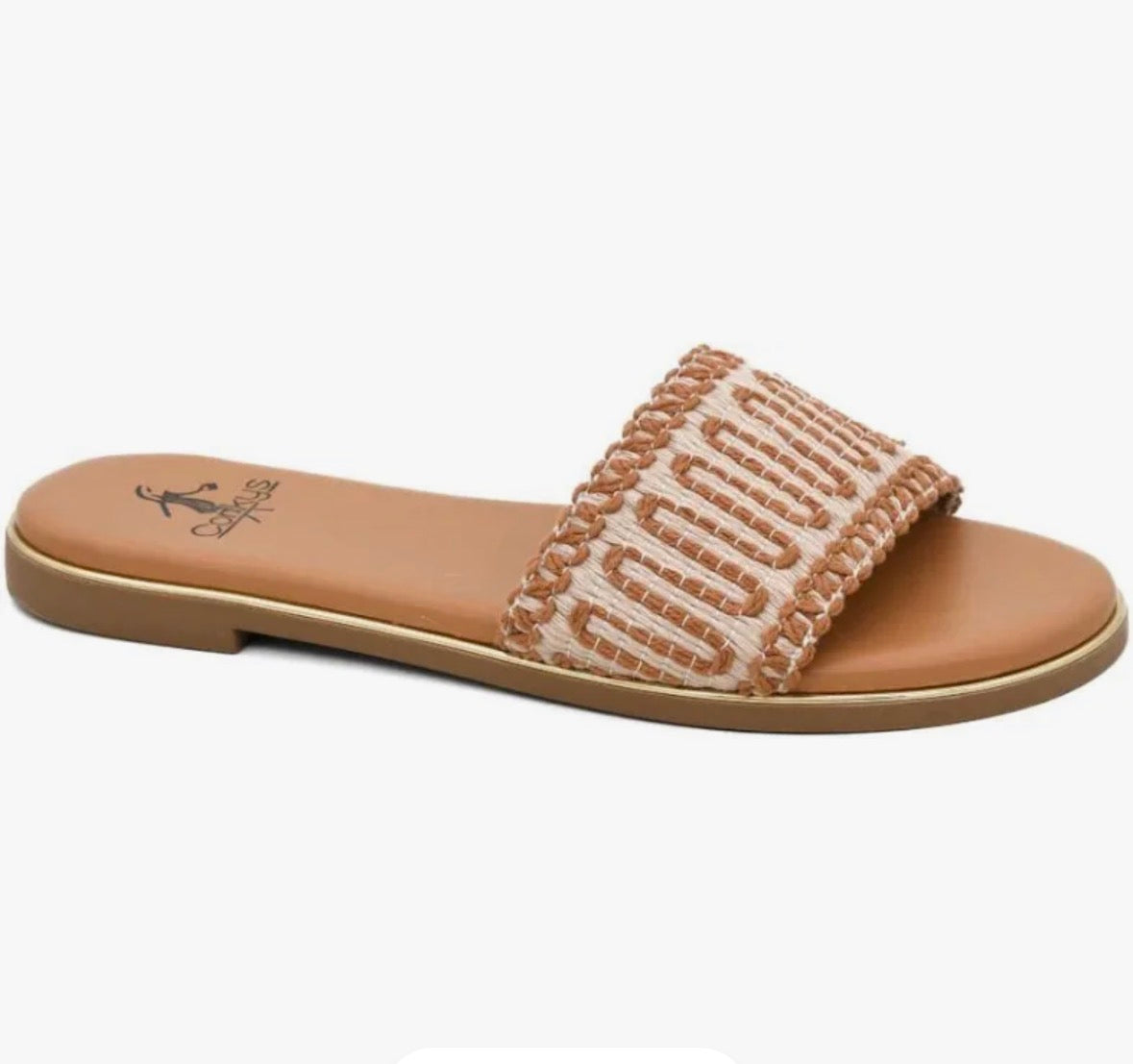 Tan sandal with woven strap on a white background