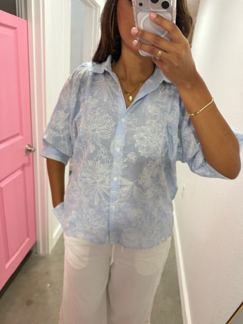 Person wearing a light blue floral dress taking a mirror selfie.