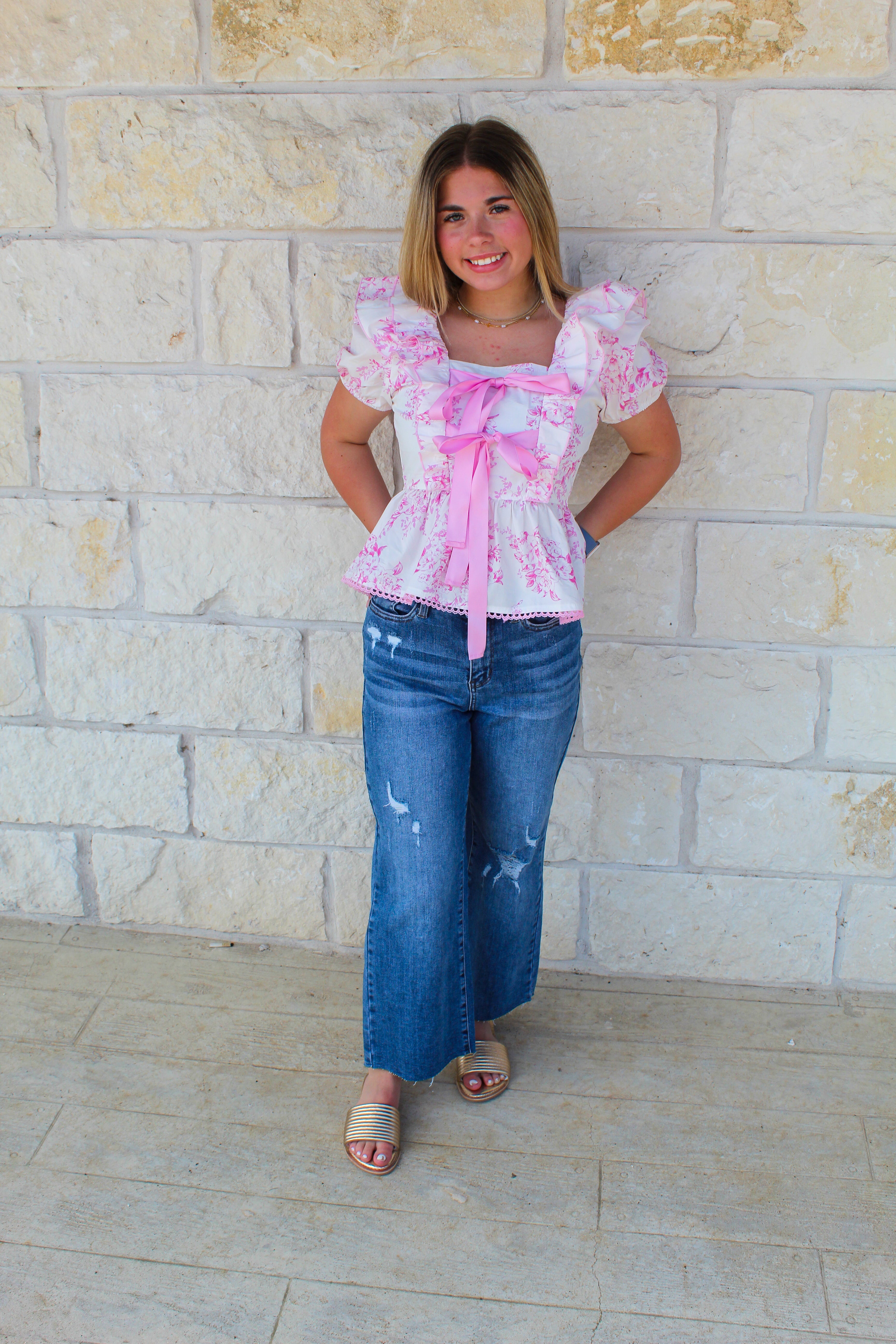 Romantic Floral Tie Front Top