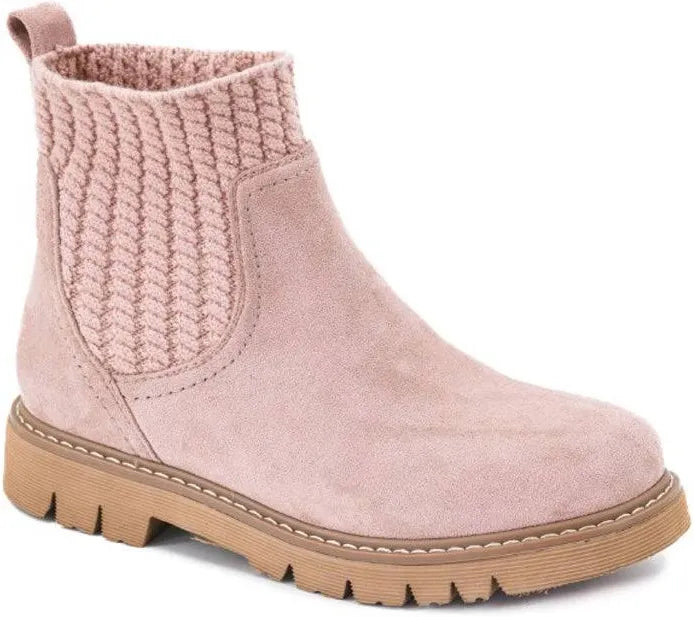 A single light pink suede ankle boot with a ribbed knit elastic side panel and a chunky tan sole, shown on a plain white background.