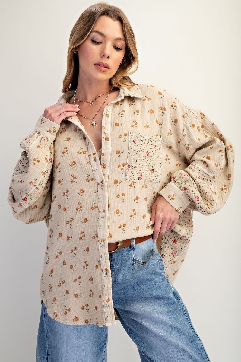 Khaki Cotton Floral Top
