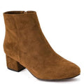 A single brown suede ankle boot with a low block heel, shown from a three-quarters angle on a white background.