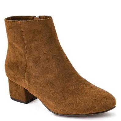 A single brown suede ankle boot with a low block heel, shown from a three-quarters angle on a white background.