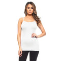 Woman wearing a white tank top on a white background