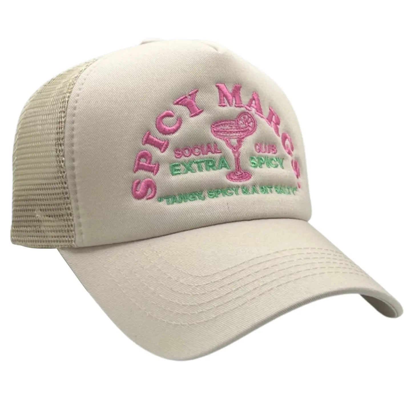 Beige cap with pink and green text and graphics on a white background