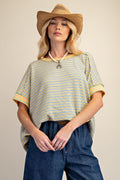 Woman wearing a striped shirt, cowboy hat, and blue jeans against a beige background