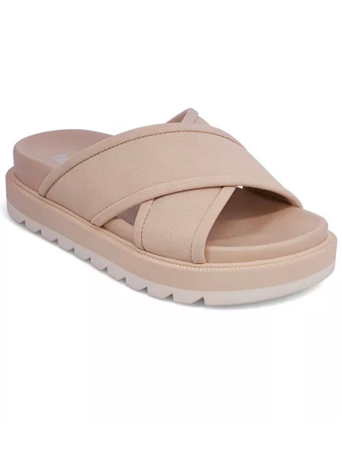 Beige sandal with criss-cross straps on a white background