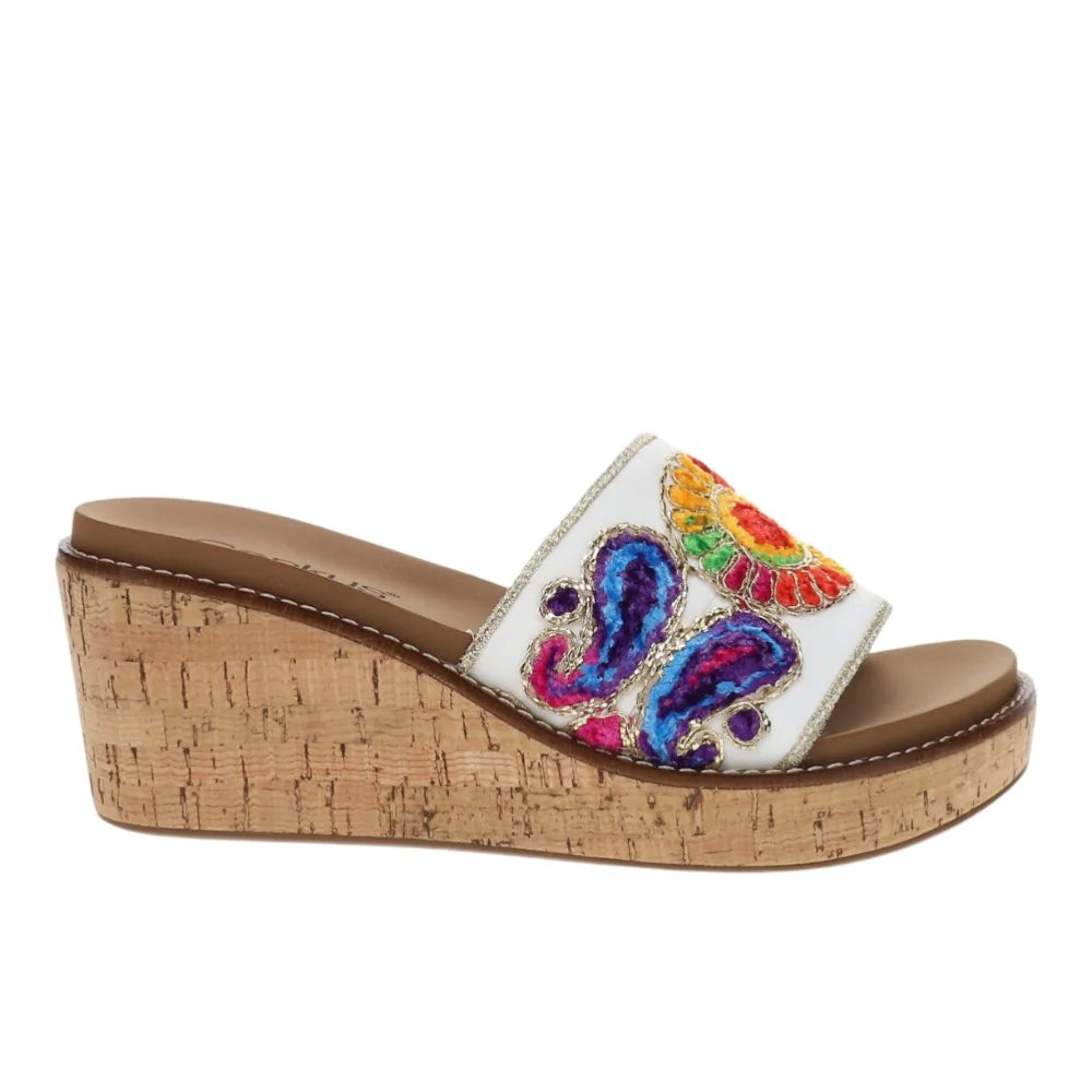 Wedge sandal with colorful butterfly design on a white background
