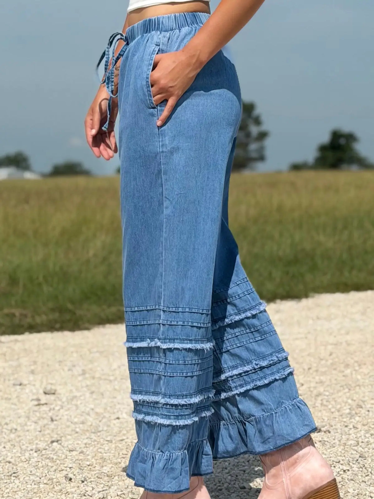 Destiny Ruffled Hem Chambray Pants