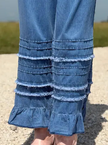 Destiny Ruffled Hem Chambray Pants