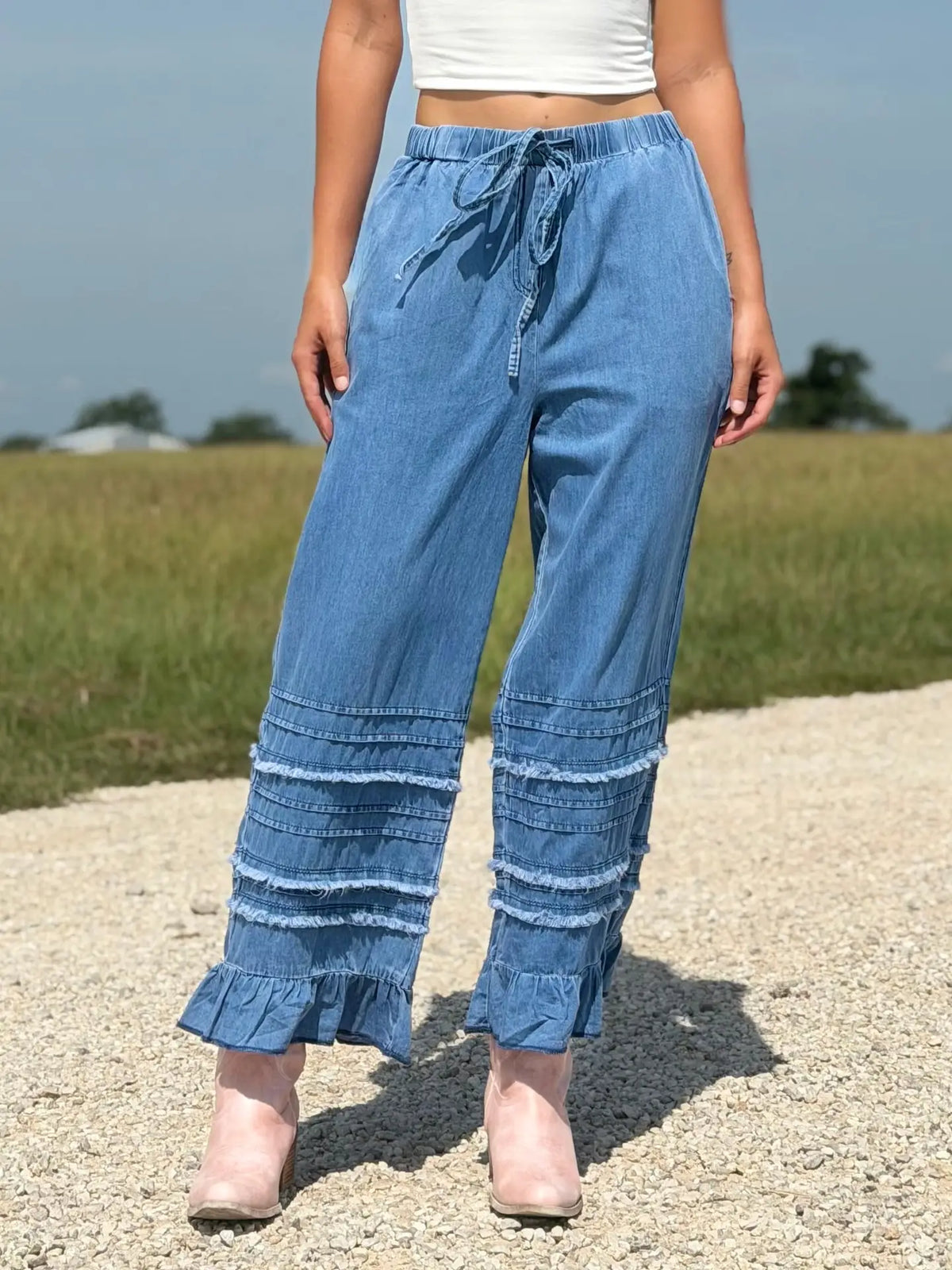 Destiny Ruffled Hem Chambray Pants