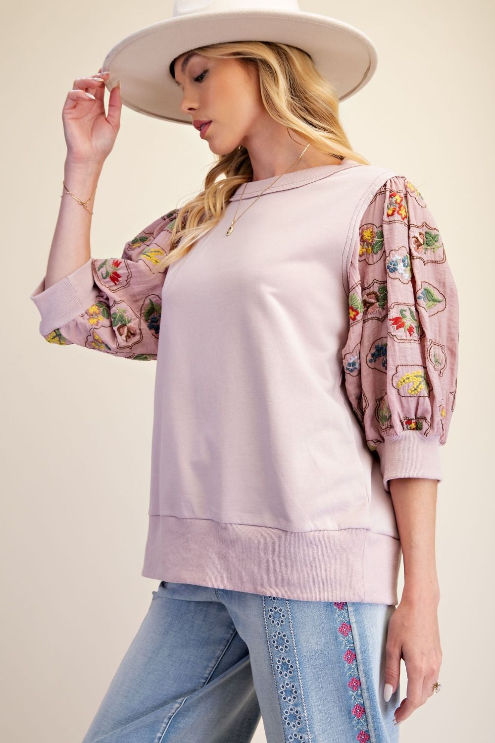 Emb Sleeve Dusty Rose Top