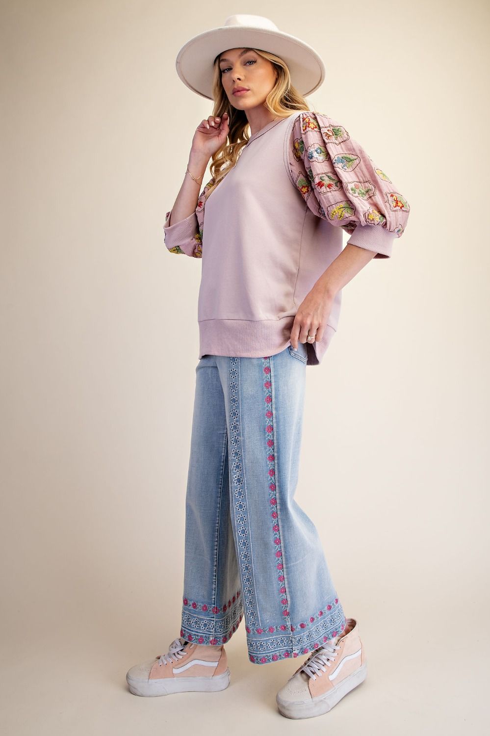 Emb Sleeve Dusty Rose Top