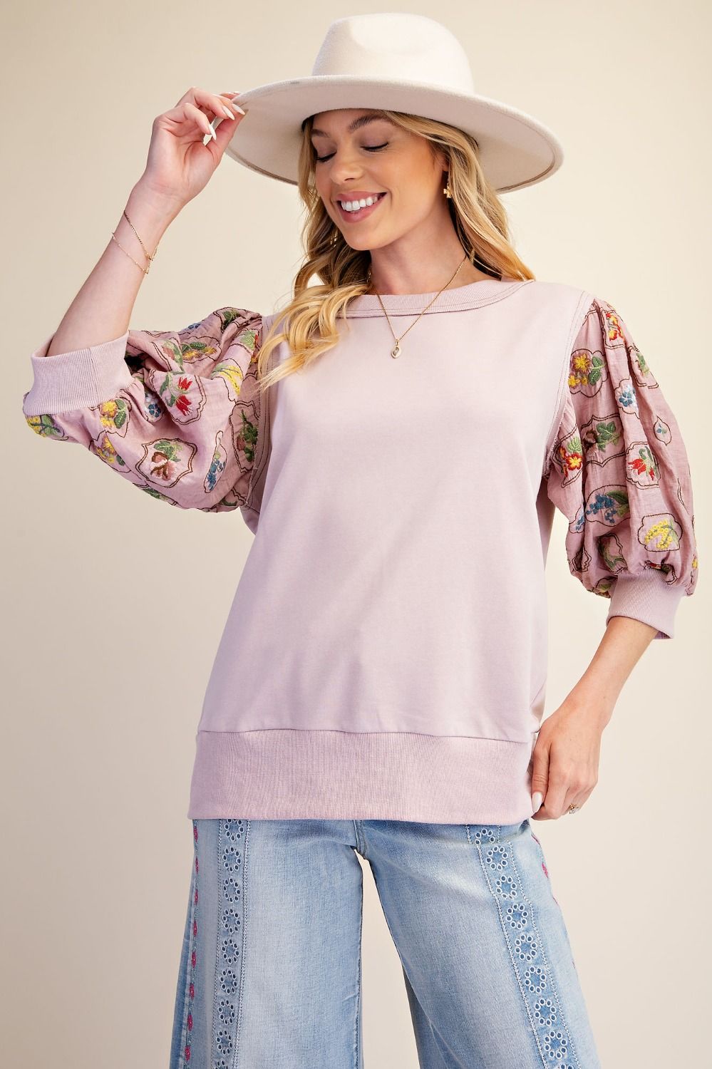 Emb Sleeve Dusty Rose Top