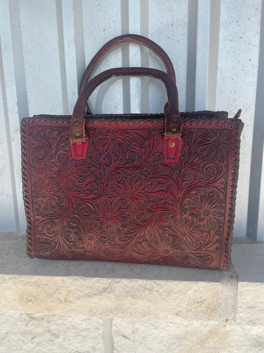Red Leather Tooled Bag