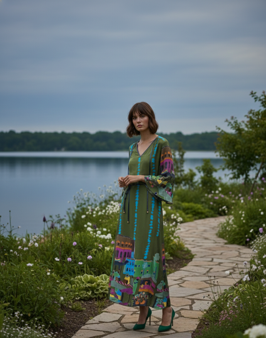 Olive Border Printed Maxi
