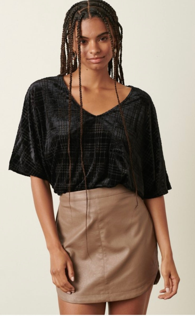 Plaid Velvet Burnout V-Neck Top