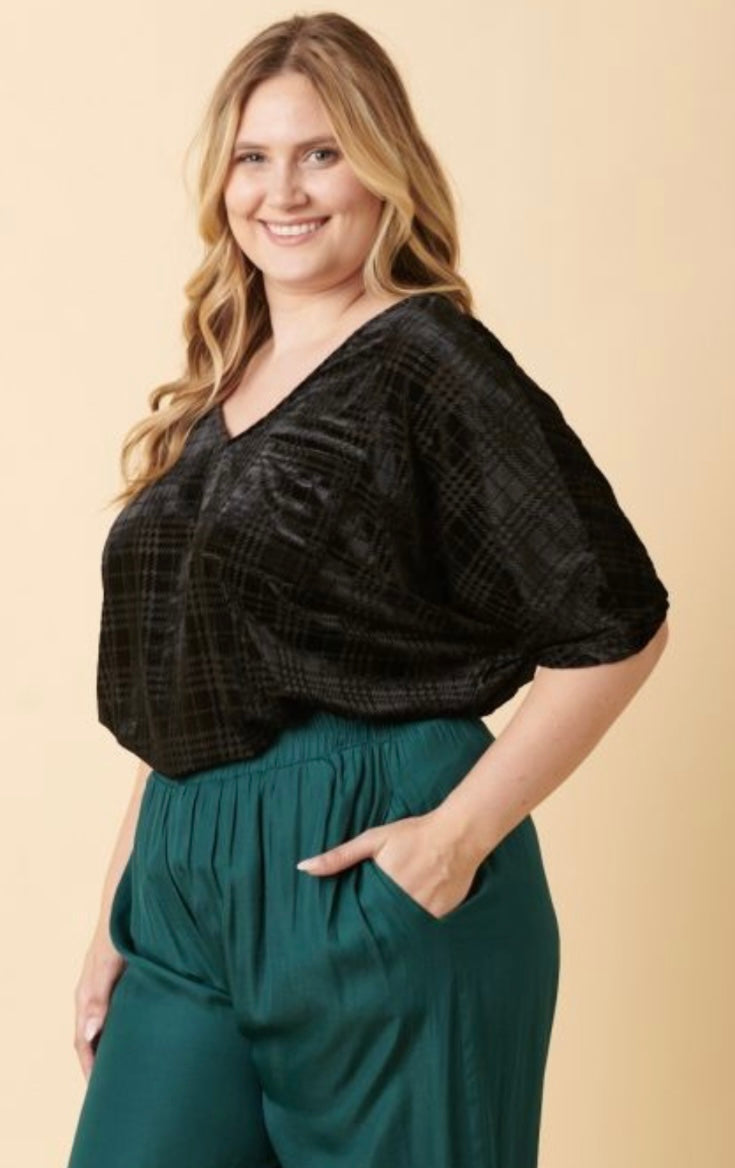 Plaid Velvet Burnout V-Neck Top