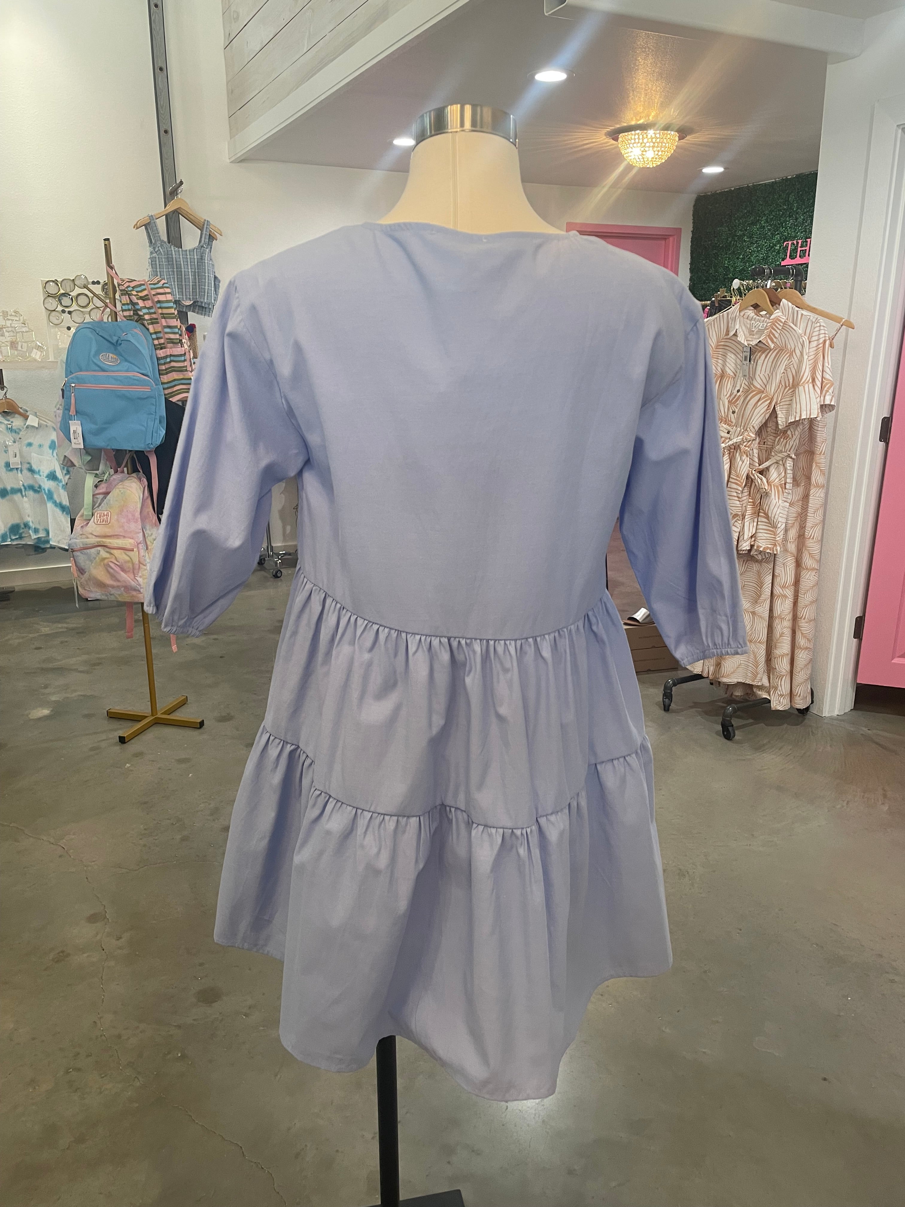 3 4 Sleeve Lt. Blue Tiered Shirt Dress The Flamingo Ranch