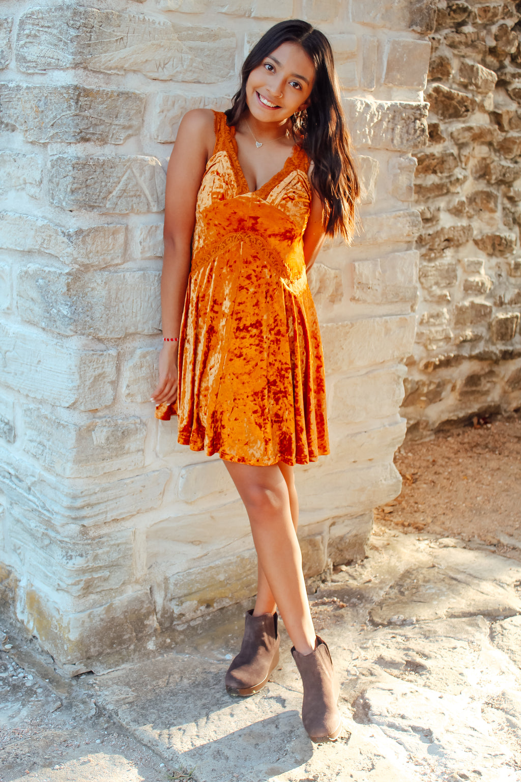 Pumpkin Velvet and Lace Dress