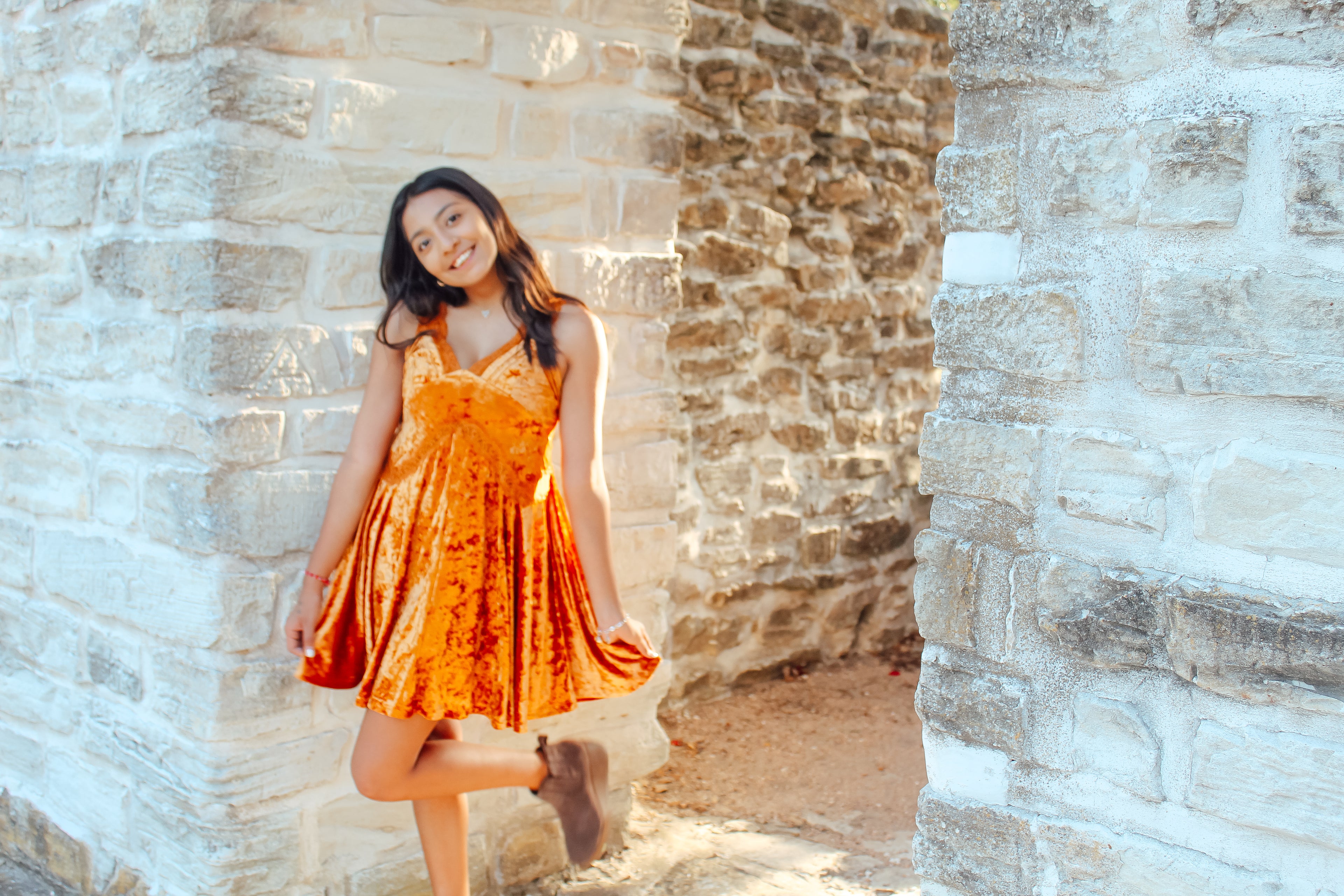 Pumpkin Velvet and Lace Dress