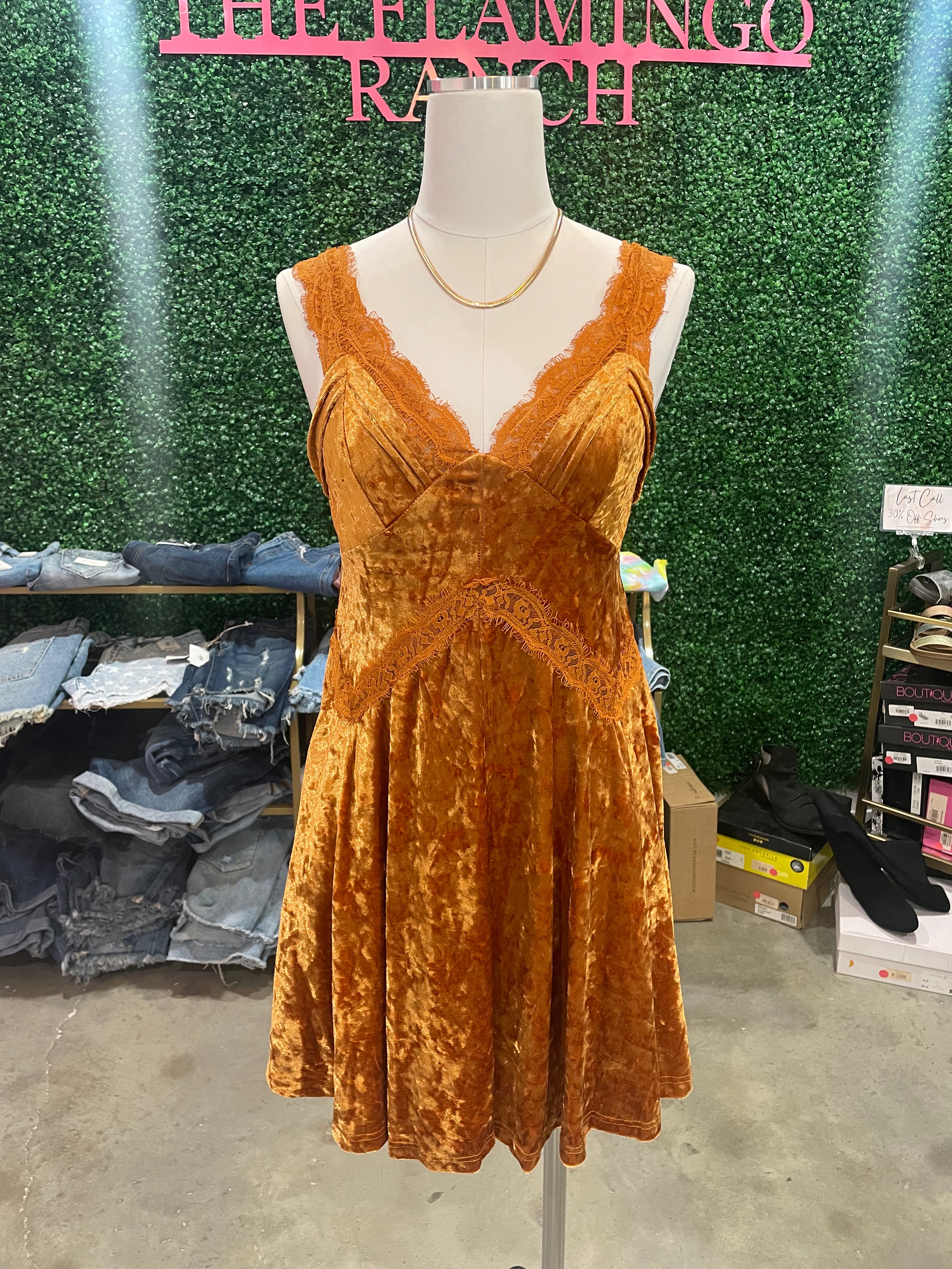 Pumpkin Velvet and Lace Dress