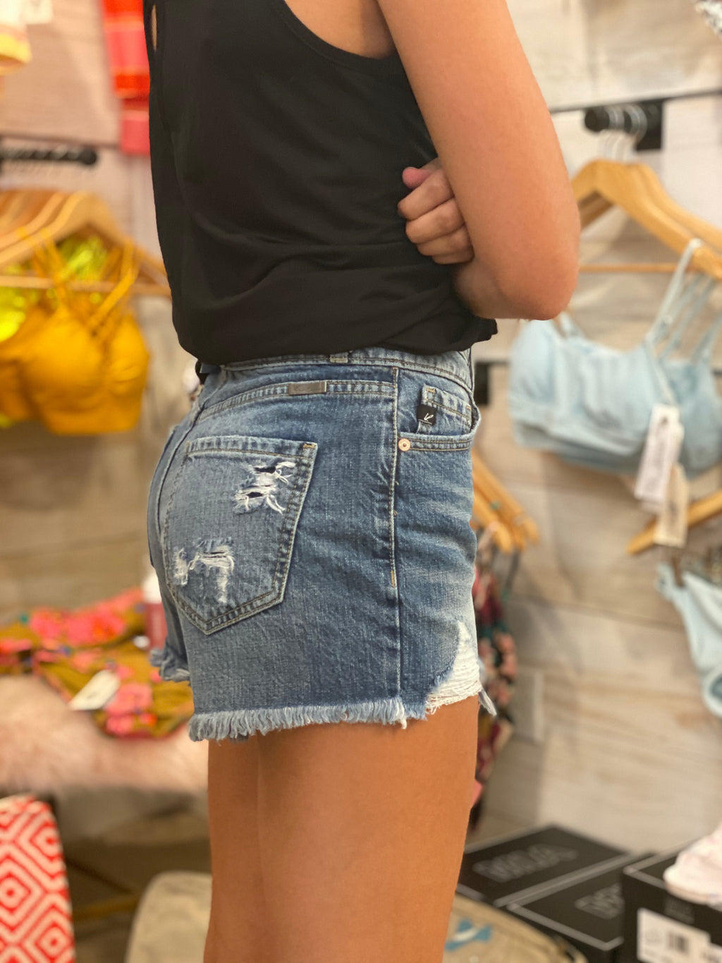 HIgh Rise Double Button Distressed Shorts