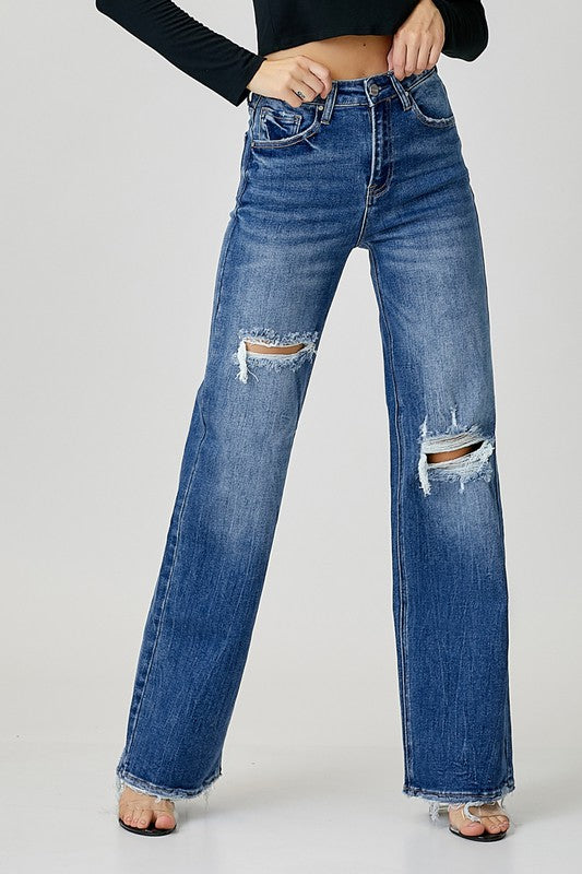 High-Rise Ripped Wide Leg Jeans